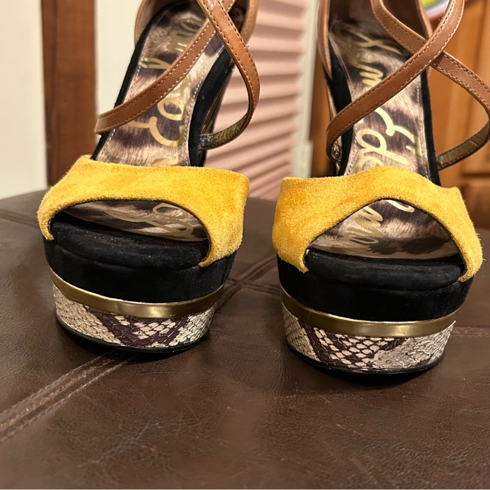 Sam Edelman Gold and Black Suede with Snakeskin Platform Heels Size 7M - Picture 7 of 11